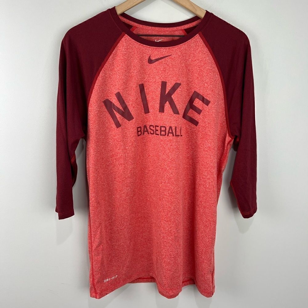 Nike Red and Maroon 3/4 Sleeve Baseball Drifit Shirt M
